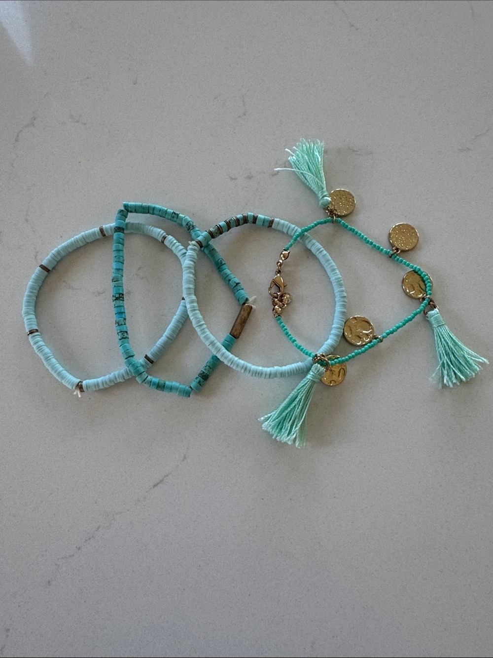 Turquoise Beaded Stretch Bracelet Set with Gold Charms. NWOT